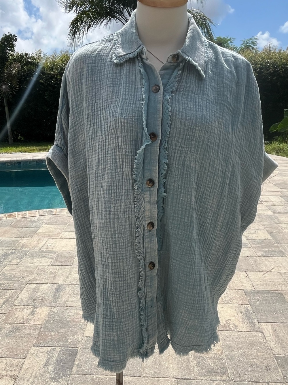 Sewn + Seen S Blue Cotton Gauze Oversized Button Down Raw Fringe Boho